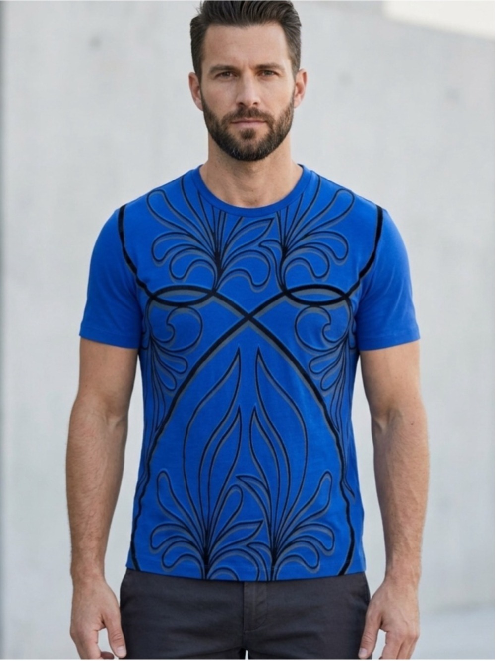 Versace Collection Blue Baroque Floral Leaf Print Crew Neck T Shirt Size L